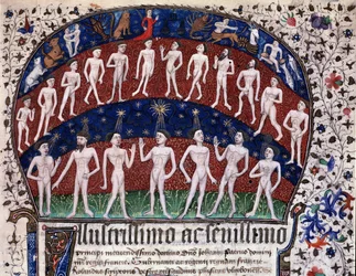 Lissabon, MS 52-XIII-18 f.1r, miniatuur die de correspondenties tussen de organen en de planeten en de invloed van de sterren op de stemmingen voorstelt, uit "Physionomia Rolandi Ulixbonensis", door Rolandus Scriptoris